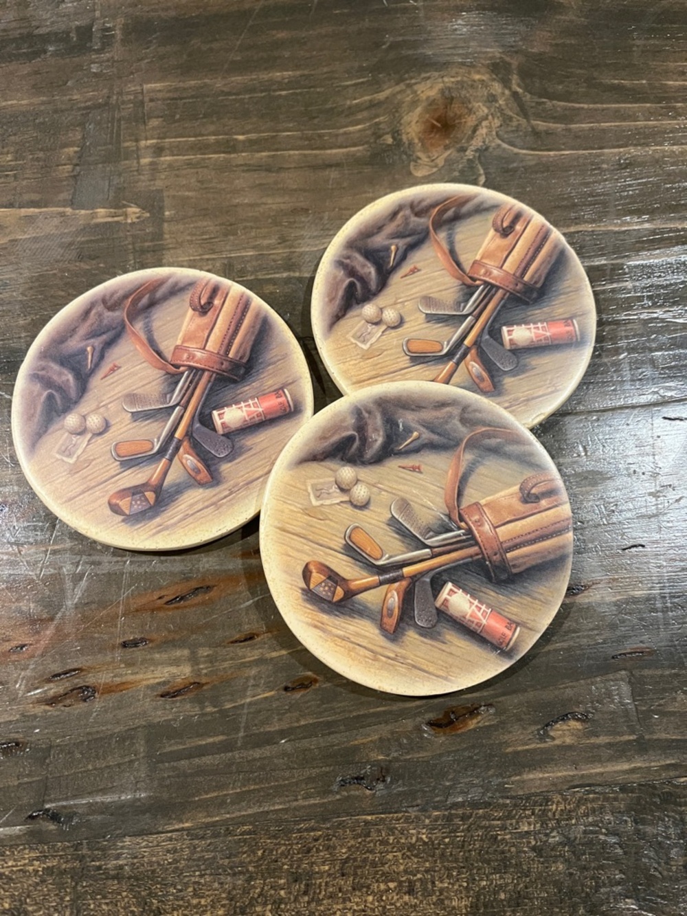 Golf Motif Round Coaster Set in Brown – 3-Pack
